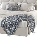 Modern Double Bed with Upholstered Headboard Beige Navy Blue Geometric Blanket and Decorative Pillows