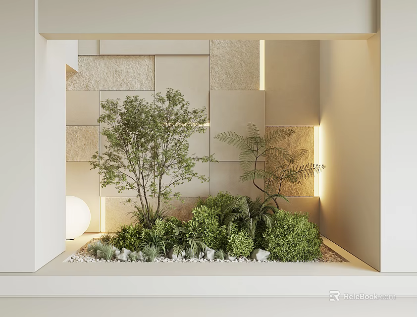 Indoor Landscape Design With Small Tree Ferns Green Plants White Pebbles And Lighted Stone Wall 3d model 