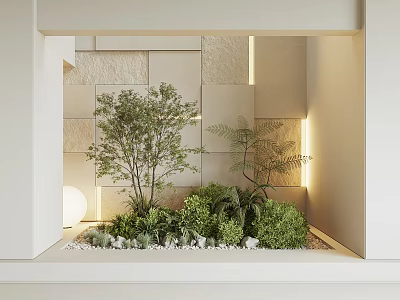 Indoor Landscape Design With Small Tree Ferns Green Plants White Pebbles And Lighted Stone Wall 3d model