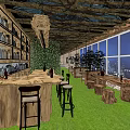 Rustic Outdoor Bar With Wooden Counter Black Stools Tree Stump Tables And Green Plant Wall 3d model