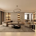 Modern Living Dining Room Interior With Chandelier TV Wall Sofa And Coffee Table