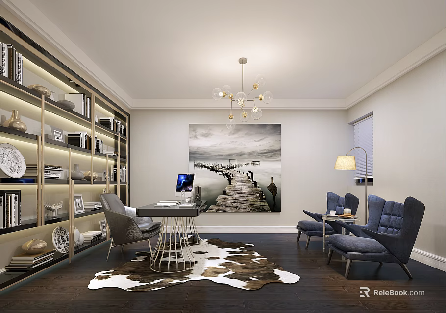 Elegant Luxury Home Study With Full Wall Storage Bookshelf And Comfortable Lounge Chairs Interior Design 3d model 