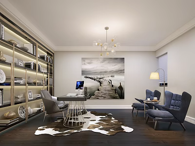 Elegant Luxury Home Study With Full Wall Storage Bookshelf And Comfortable Lounge Chairs Interior Design 3d model