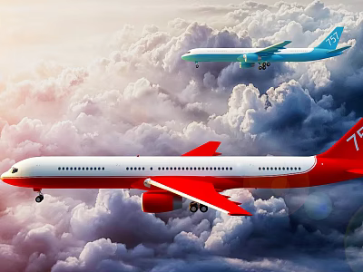 Red and White Passenger Plane Flying with Blue Airliner in Clouds 3d model