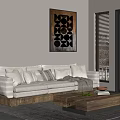 Modern White Sofa With Throw Pillows And Wooden Coffee Table By Window With Decorative Painting