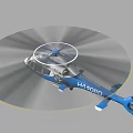 Blue and White Police Helicopter with Rotating Rotor Blades and Police Insignia