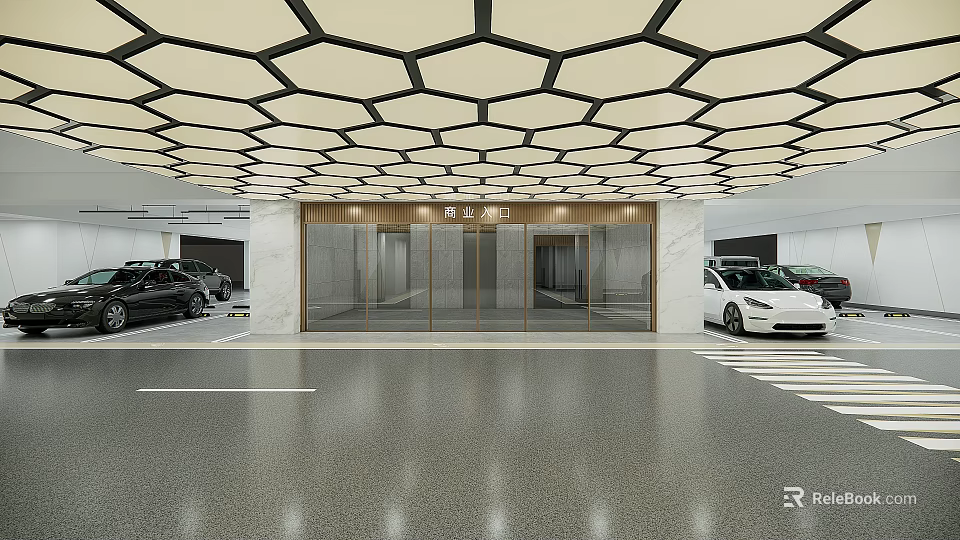 Modern Parking Garage Interior With Hexagonal Ceiling Glass Doors And Parked Cars 3d model 
