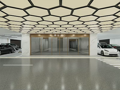 Modern Parking Garage Interior With Hexagonal Ceiling Glass Doors And Parked Cars 3d model