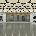 Modern Parking Garage Interior With Hexagonal Ceiling Glass Doors And Parked Cars