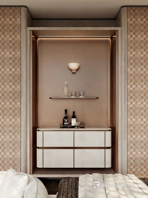 Elegant White Sideboard With Shelf Decorative Items And Pendant Light In Modern Interior 3d model 
