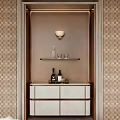 Elegant White Sideboard With Shelf Decorative Items And Pendant Light In Modern Interior