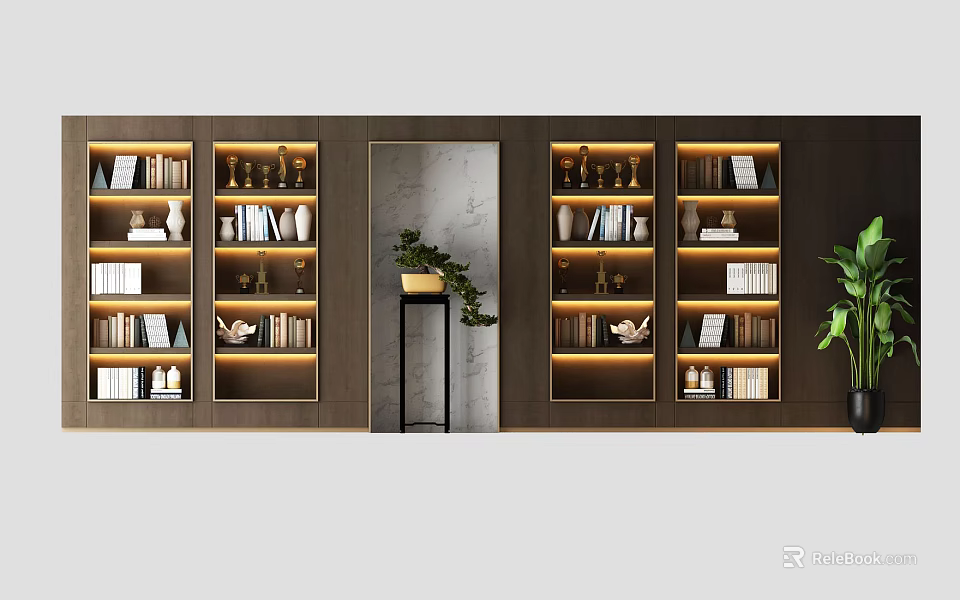 Modern Bookcase With Built-in Lighting Open Shelving Books And Decorative Items 3d model 