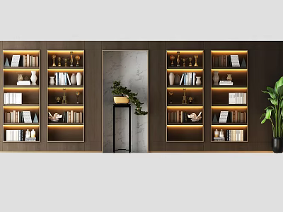 Modern Bookcase With Built-in Lighting Open Shelving Books And Decorative Items 3d model