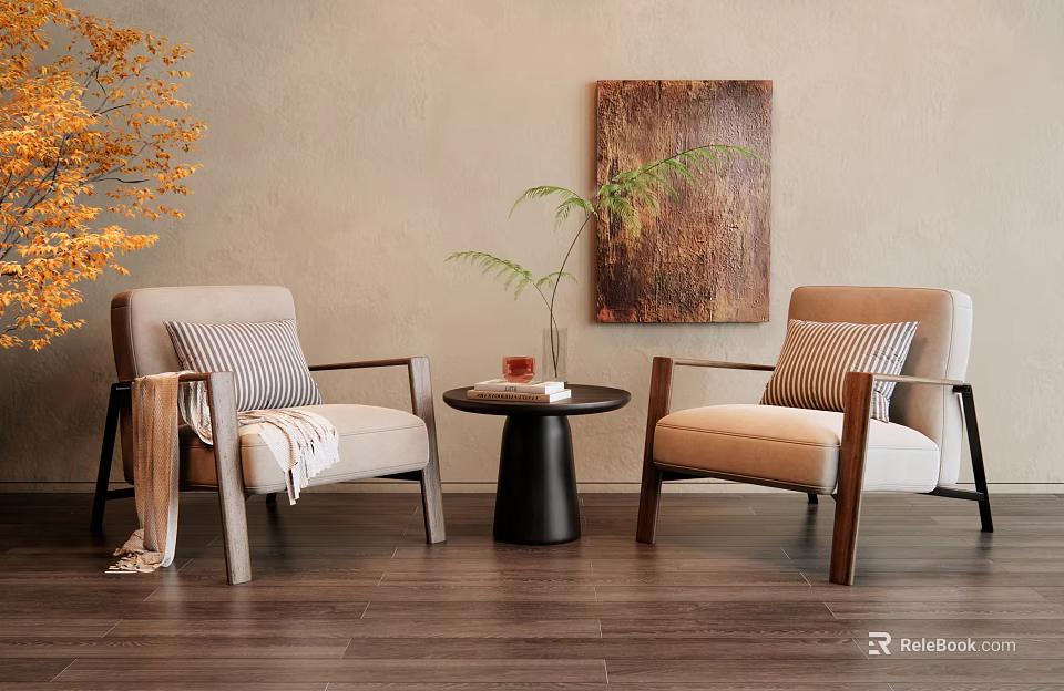 Modern Accent Chairs in Beige with Wooden Armrests Side Table Plant and Decorative Painting 3d model 