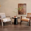 Modern Accent Chairs in Beige with Wooden Armrests Side Table Plant and Decorative Painting