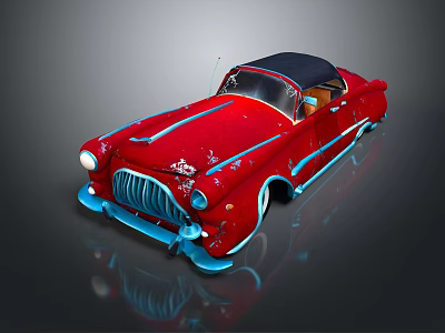 Vintage Red Convertible Classic Car With Black Top And Blue Accents 3d model