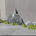 Indoor Stone Wood Mountain Sculpture With Green Moss And Grass Accents