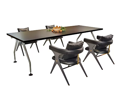 Modern Black Dining Table Set Featuring Rectangular Top Upholstered Chairs And Decorative Fruit Bowl 3d model