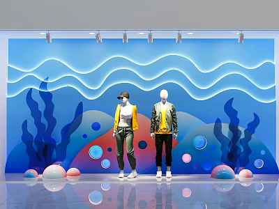 Creative Window Display Design With Mannequins Blue Wave Background And Seaweed Decorations 3d model