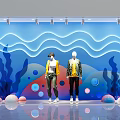 Creative Window Display Design With Mannequins Blue Wave Background And Seaweed Decorations