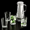 Refreshing Drink with Transparent Pitcher Glasses Ice Cubes and Mint Leaves 3d model