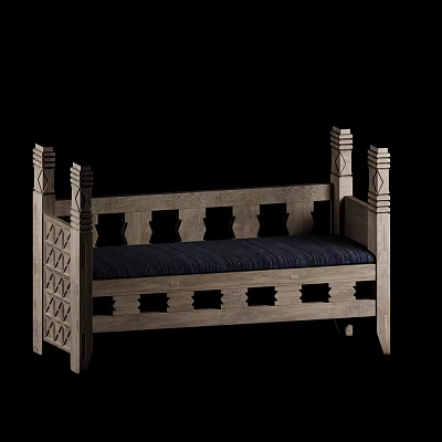 Classic Wooden Double Sofa With Carved Decorations Geometric Armrests And Dark Blue Cushion 3d model