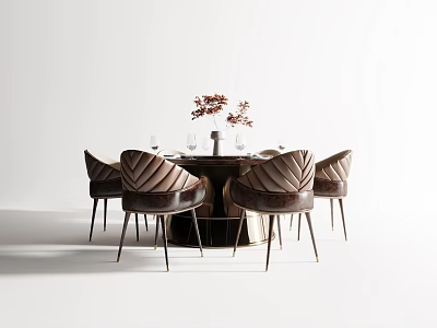 Elegant Round Dining Table With Quilted Leather Chairs Flower Vase And Wine Glasses 3d model