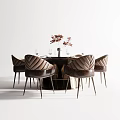 Elegant Round Dining Table With Quilted Leather Chairs Flower Vase And Wine Glasses