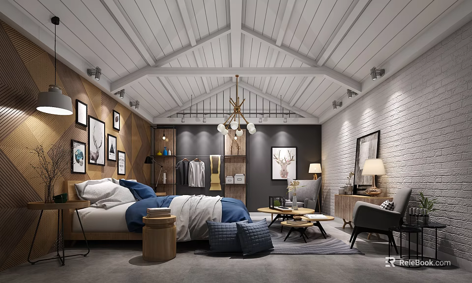 Modern Industrial Style Double Bed In Spacious Cozy Attic Bedroom With Unique Interior Decorations 3d model 
