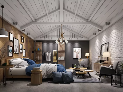 Modern Industrial Style Double Bed In Spacious Cozy Attic Bedroom With Unique Interior Decorations 3d model