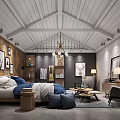 Modern Industrial Style Double Bed In Spacious Cozy Attic Bedroom With Unique Interior Decorations