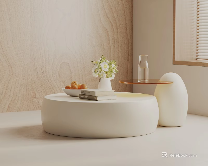 Modern Minimalist Sofa And Coffee Table Set With Round White Table Vase Books And Fruits 3d model 