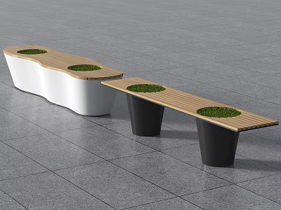 Modern Outdoor Bench With Wooden Top And Circular Grass Inserts On Gray Tiled Floor 3d model