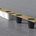 Modern Outdoor Bench With Wooden Top And Circular Grass Inserts On Gray Tiled Floor