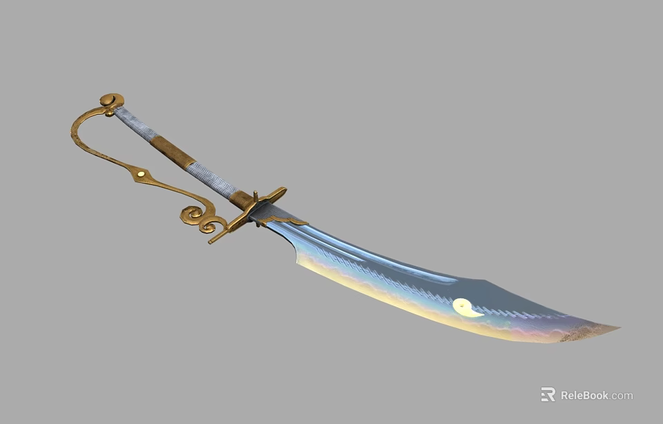 Ornate Decorative Sword As Ancient Weapon With Golden Hilt And Shiny Iridescent Blade 3d model 