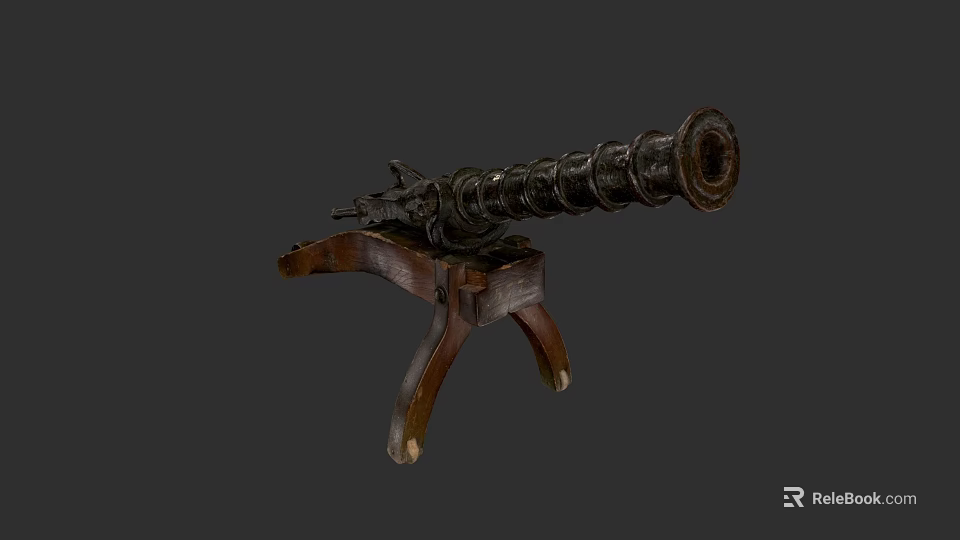 Antique Cannon With Spiral Barrel Design And Wooden Tripod Stand 3d model 
