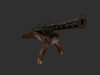 Antique Cannon With Spiral Barrel Design And Wooden Tripod Stand 3d model