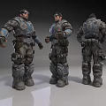 Detailed Game Movie Character Design of Warrior in Heavy Armored Suit Front Side Back View