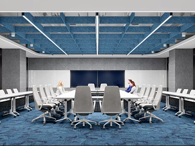Modern Conference Room Interior With Long Table White Chairs Blue Ceiling And Gray Walls 3d model
