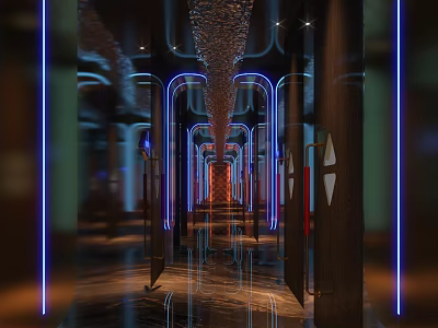 Stylish Hotel Corridor With Blue LED Lighting Arched Design Mirrored Flooring And Decorative Ceiling 3d model