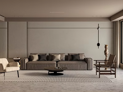 Minimalist Modern Living Room Interior With Gray Sofa Cushions Beige And Wooden Armchairs 3d model