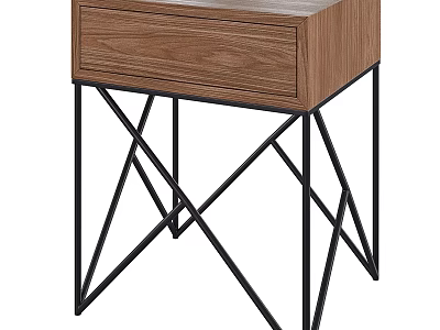 Modern Wooden Side Table With Drawer And Black Metal Cross Legs 3d model