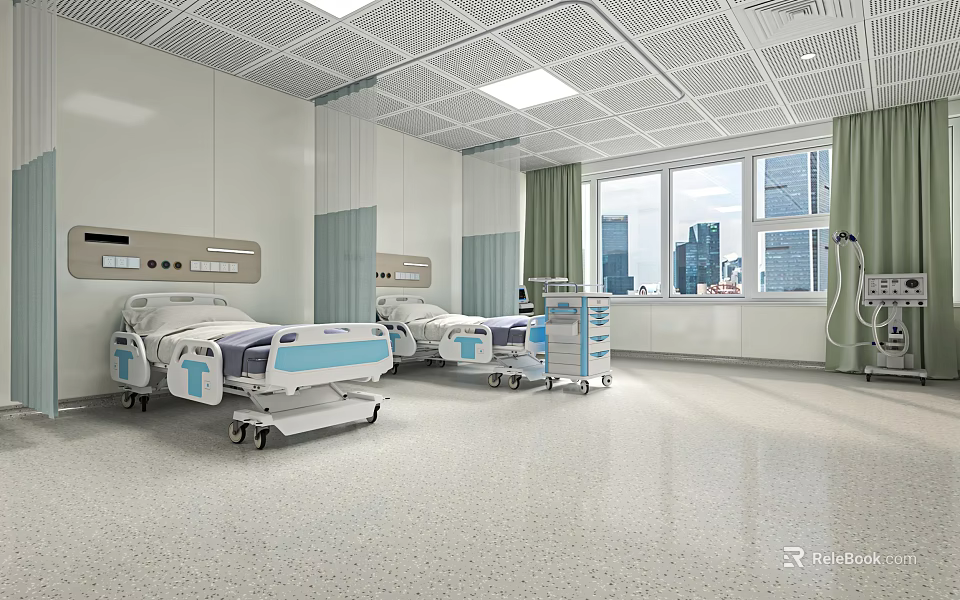 Hospital Outpatient Clinic Interior With Medical Beds Carts Windows Green Curtains And Ceiling Lights 3d model 