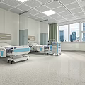 Hospital Outpatient Clinic Interior With Medical Beds Carts Windows Green Curtains And Ceiling Lights