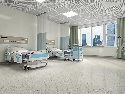 Hospital Outpatient Clinic Interior With Medical Beds Carts Windows Green Curtains And Ceiling Lights 3d model