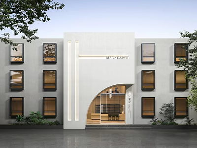 Modern Storefront Design With Gray Facade Arched Entrance And Windows Surrounded By Greenery 3d model