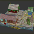Cartoon Scene Featuring Red Houses Wooden Dock Small Boat Blue Water Green Grass Little Figure