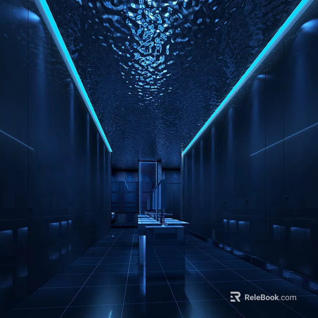 Modern Public Restroom Interior Design With Blue Lighting Sleek Walls And Washbasins 3d model 