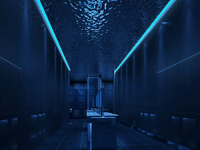 Modern Public Restroom Interior Design With Blue Lighting Sleek Walls And Washbasins 3d model