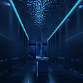 Modern Public Restroom Interior Design With Blue Lighting Sleek Walls And Washbasins